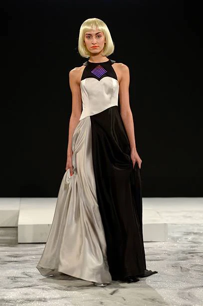 Model in a black and white illuminated gown at New York Fashion Week