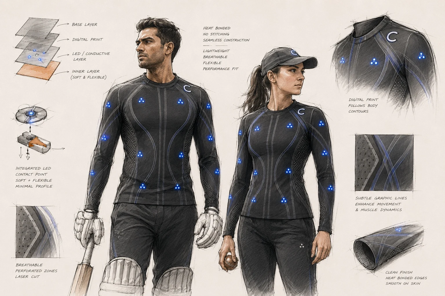 CuteCircuit SoundShirt concept sketch for the Hyundai cricket collaboration